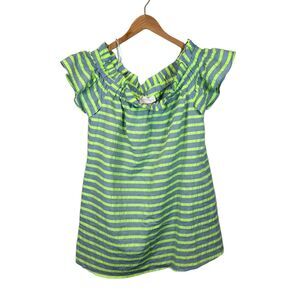 Corey Lynn Calter Striped Shift Dress Ruffle Off Shoulder Size Medium Neon Green
